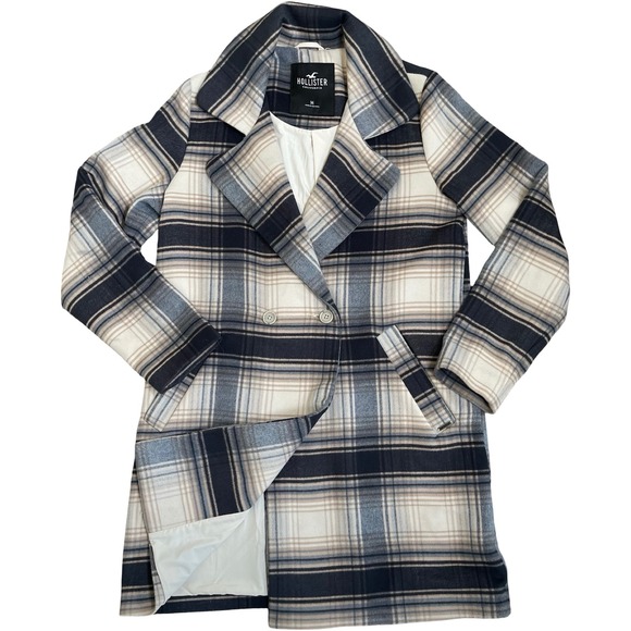Hollister Jackets & Blazers - Hollister Plaid Double Breasted Trench Pea‎ Coat Womens M Beige Blue Gray Lined